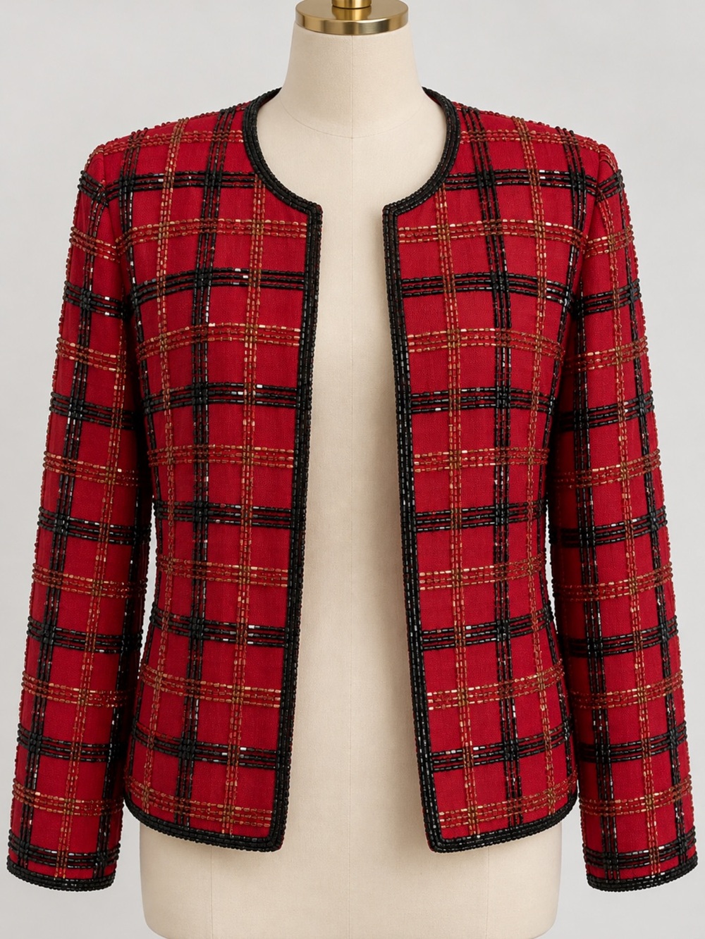 Vintage 80s 100% Silk beaded Red Plaid Open-Front Tweed Jacket